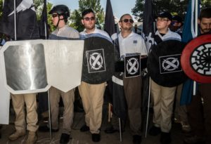 Neo-Nazi "Vanguard America" contingent in Charlottesville; James Alex Fields (3d from left) is wearing khaki pants and sunglasses. 